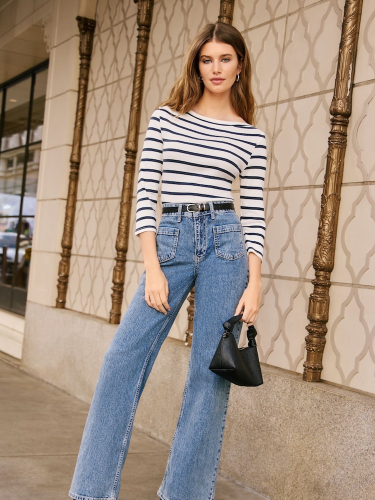 Friends Like These Blue Stripe Petite 3/4 Sleeve Ribbed Boat Neck Jersey T-Shirt - Image 4 of 4