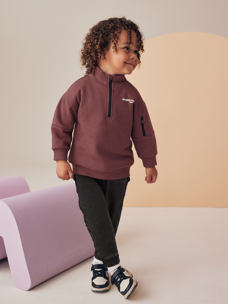 Burgundy Red Funnel Zip Neck Sweatshirt and Joggers Set (3mths-7yrs) - Image 1 of 9