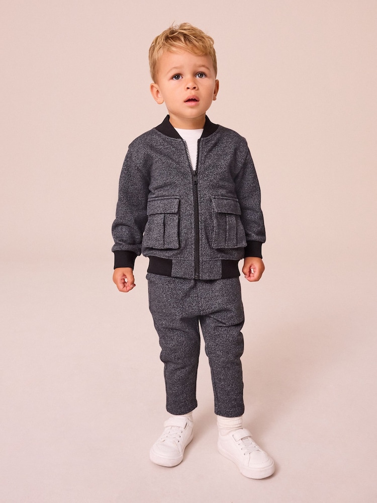 Charcoal Grey 2 Piece Jersey Textured Bomber Jacket and Joggers Set (3mths-7yrs) - Image 1 of 7