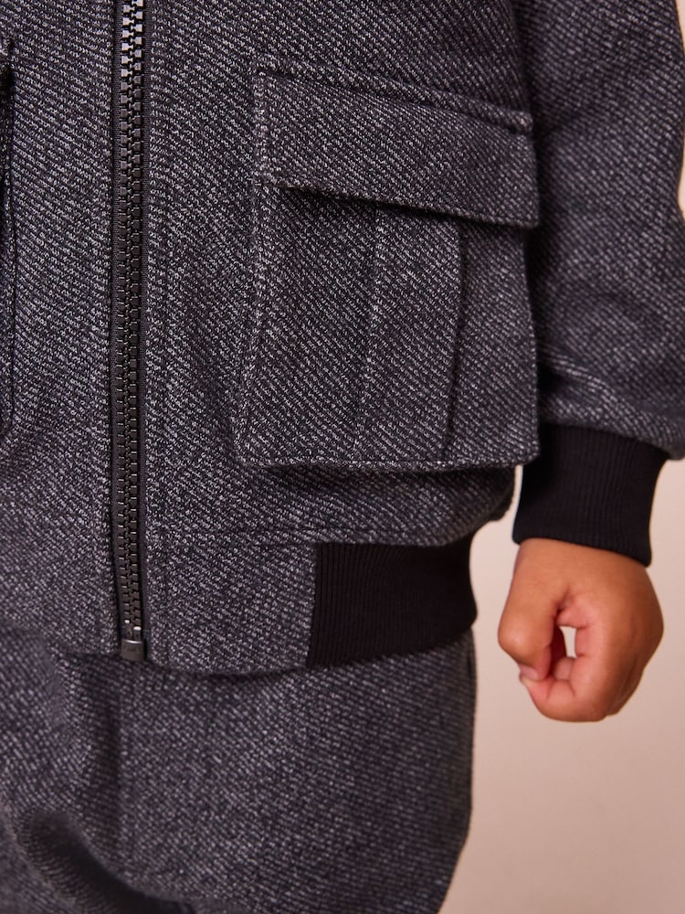 Charcoal Grey 2 Piece Jersey Textured Bomber Jacket and Joggers Set (3mths-7yrs) - Image 2 of 7