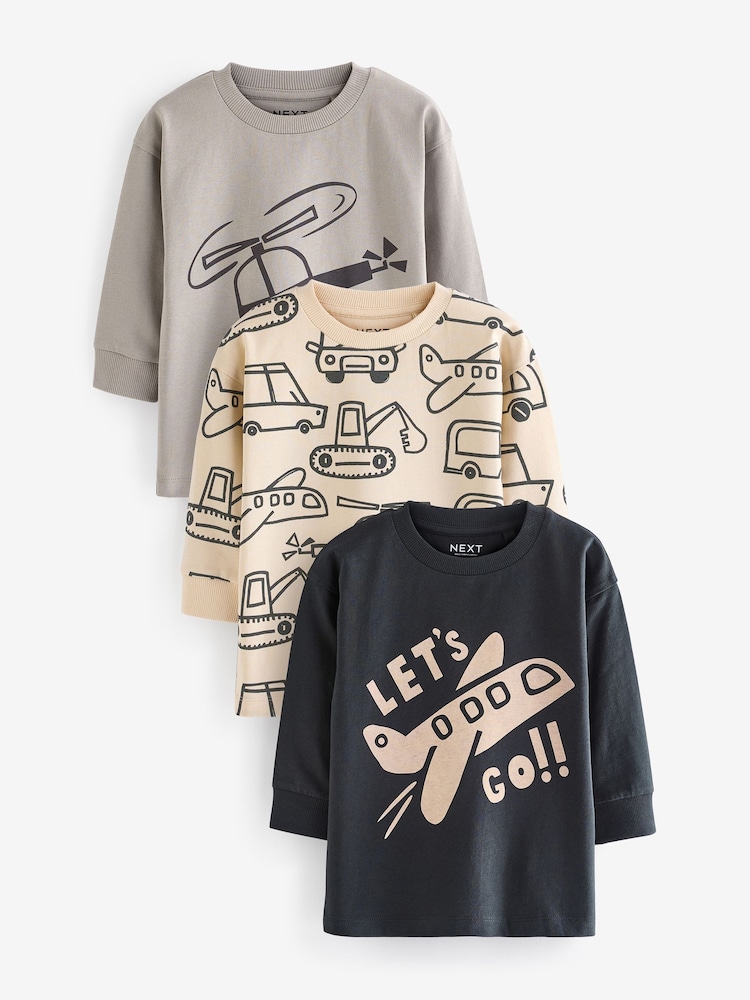 Black/Grey 100% Cotton Long Sleeve Transport T-Shirts 3 Pack (3mths-7yrs) - Image 1 of 5 Black/Grey 100% Cotton Long Sleeve Transport T-Shirts 3 Pack (3mths-7yrs) - Image 1 of 5