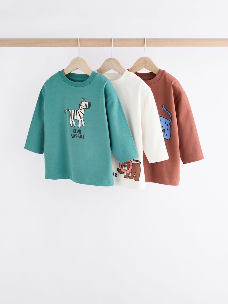 Blue/Brown 100% Cotton Long Sleeve Animal Print Character T-Shirts 3 Pack (3mths-7yrs) - Image 1 of 10 Blue/Brown 100% Cotton Long Sleeve Animal Print Character T-Shirts 3 Pack (3mths-7yrs) - Image 1 of 10