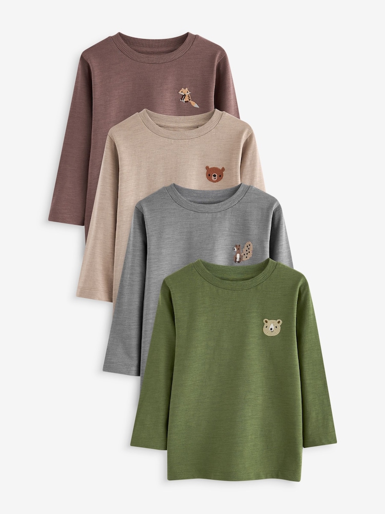 Grey/Brown Woodland Animal Long Sleeve Character T-Shirts 4 Pack (3mths-7yrs) - Image 1 of 7