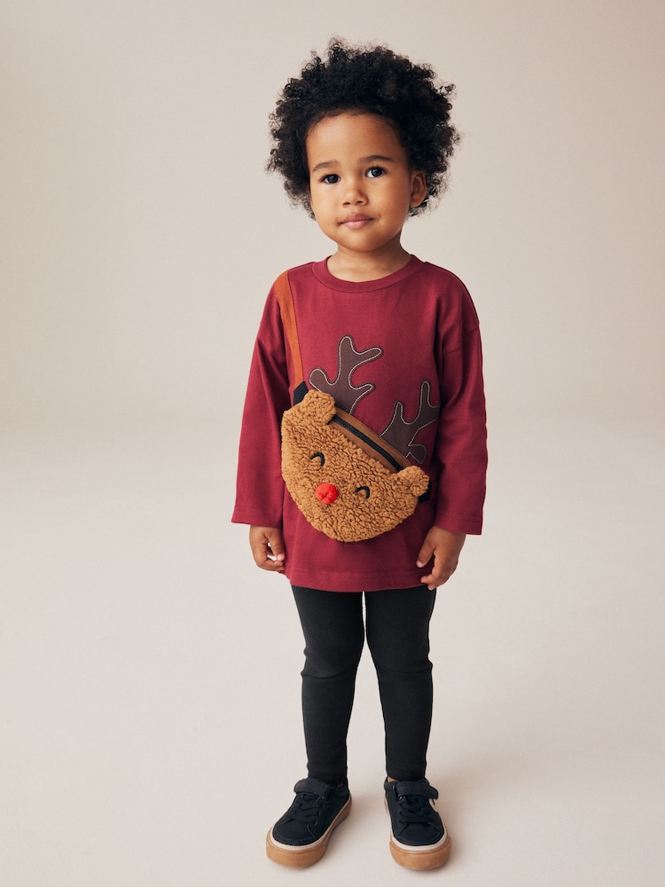 Red/Black Reindeer Christmas Bumbag Long Sleeve 100% Cotton T-Shirt And Leggings Set (3mths-7yrs) (3mths-7yrs) - Image 2 of 8