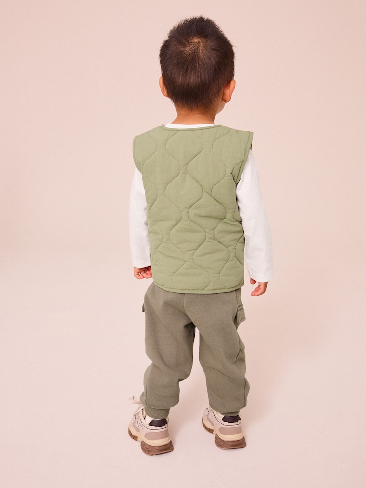 Khaki/Stone Quilted Gilet and Utility Joggers 3 Piece Set (3mths-7yrs) - Image 2 of 10