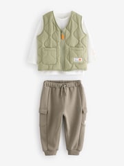 Khaki/Stone Quilted Gilet and Utility Joggers 3 Piece Set (3mths-7yrs) - Image 6 of 10