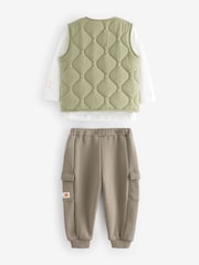 Khaki/Stone Quilted Gilet and Utility Joggers 3 Piece Set (3mths-7yrs) - Image 7 of 10