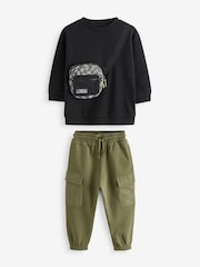 Black/Green Utility Bumbag Crew Neck 100% Cotton Sweatshirt and Joggers Set (3mths-7yrs) - Image 6 of 9