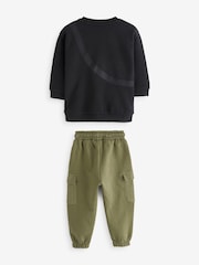 Black/Green Utility Bumbag Crew Neck 100% Cotton Sweatshirt and Joggers Set (3mths-7yrs) - Image 7 of 9