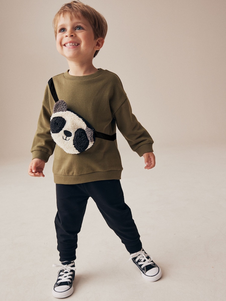 Khaki Green Panda Utility Bumbag Crew Neck 100% Cotton Sweatshirt and Joggers Set (3mths-7yrs) - Image 1 of 4