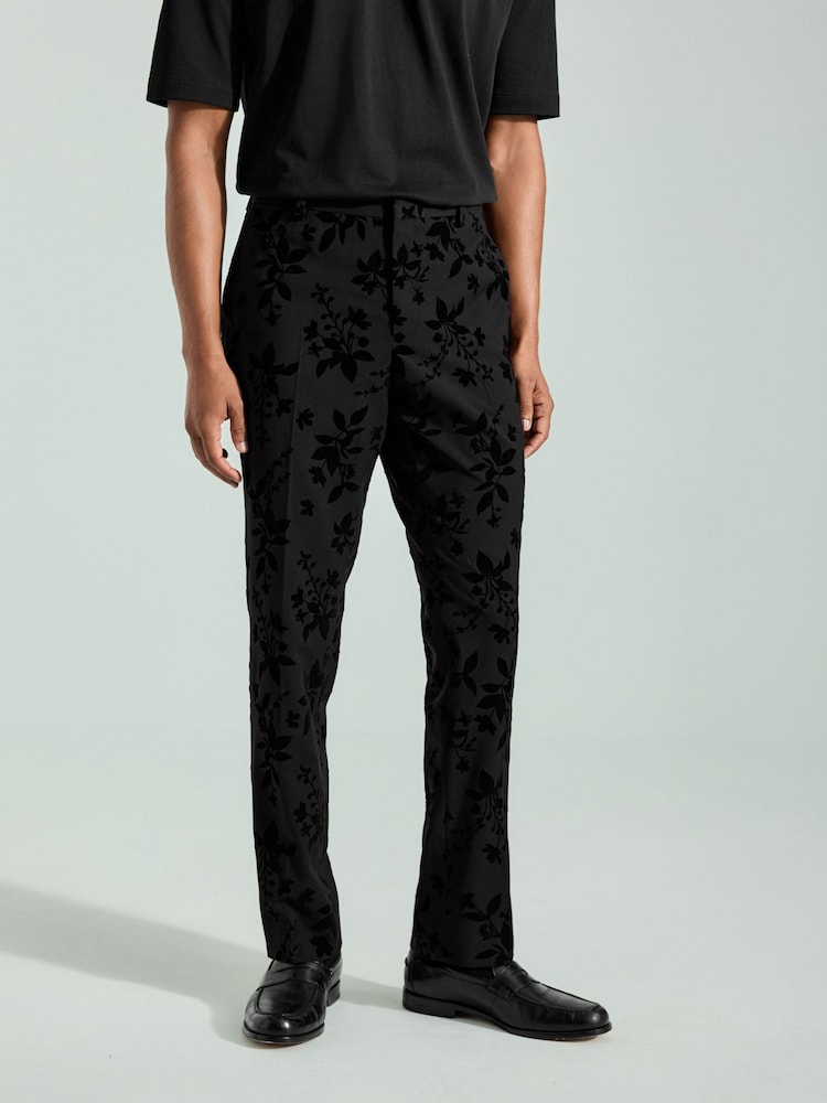 Black Velvet Floral Print Trousers - Image 1 of 10