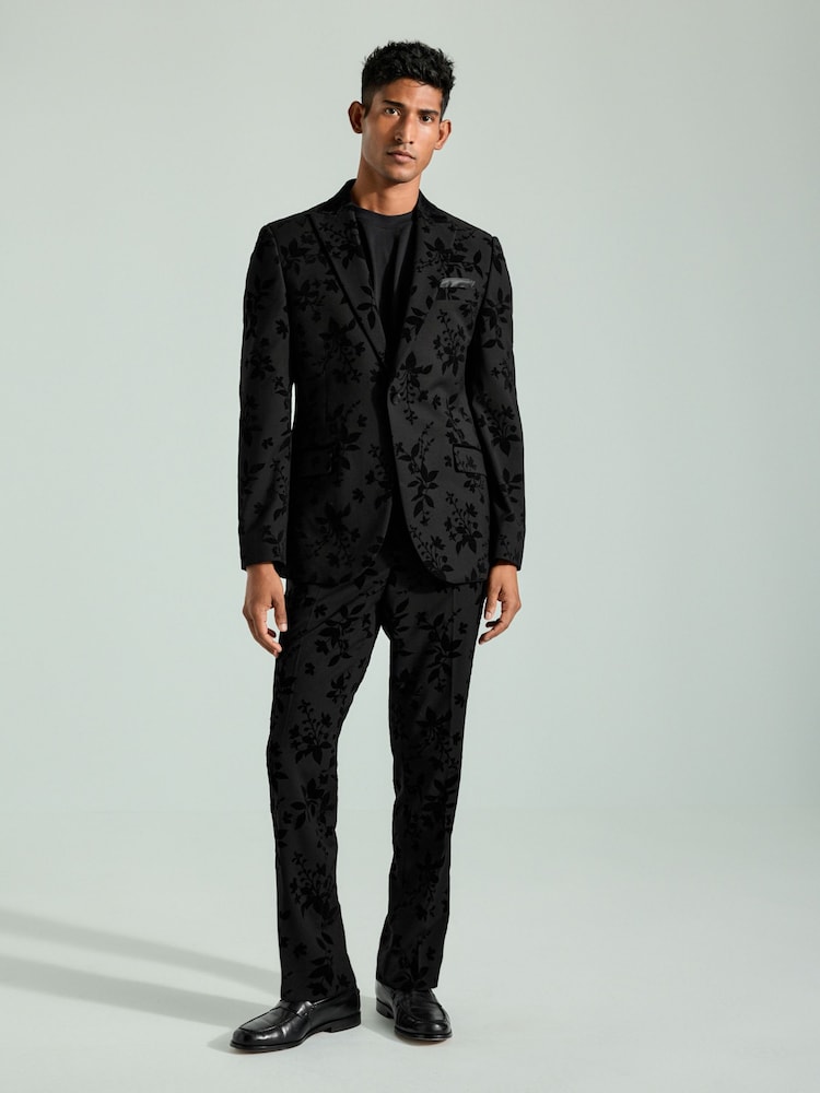 Black Velvet Floral Print Trousers - Image 2 of 10