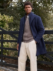 Navy Blue Signature Soft Touch Wool Rich Padded Italian Fabric Funnel Neck Coat - Image 1 of 12