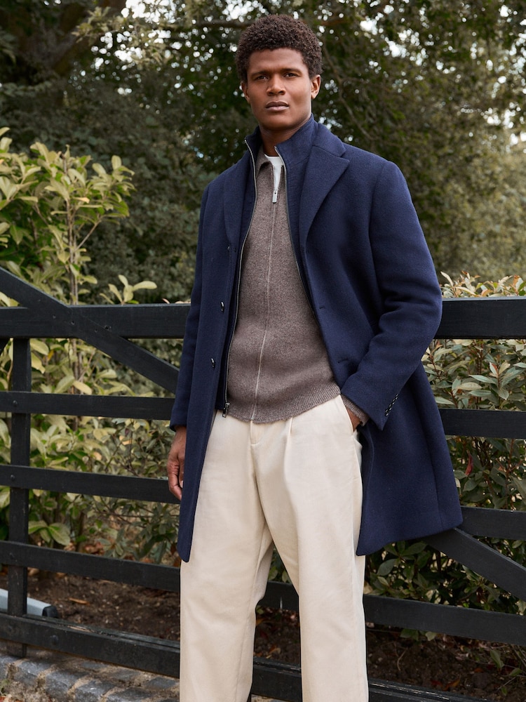Navy Blue Signature Soft Touch Wool Rich Padded Italian Fabric Funnel Neck Coat - Image 1 of 12