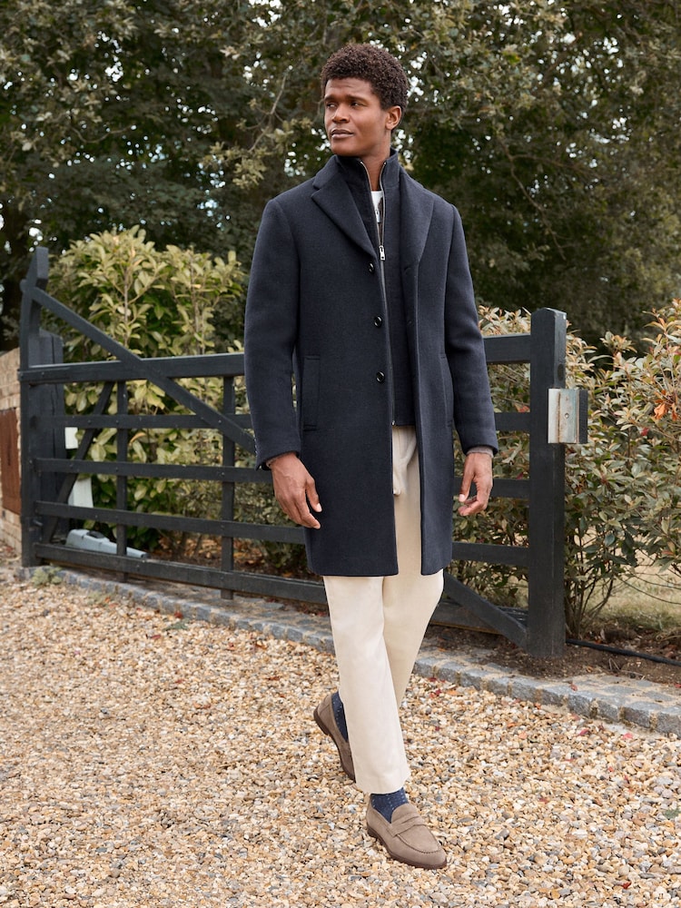 Navy Blue Signature Soft Touch Wool Rich Padded Italian Fabric Funnel Neck Coat - Image 2 of 12