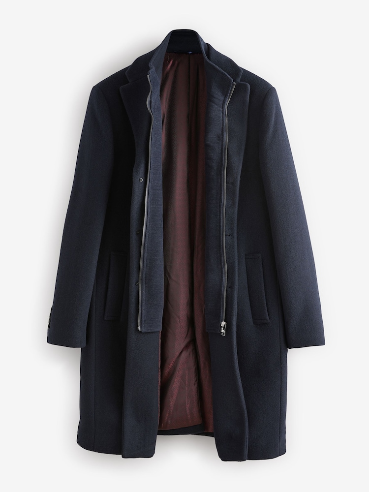 Navy Blue Signature Soft Touch Wool Rich Padded Italian Fabric Funnel Neck Coat - Image 9 of 12