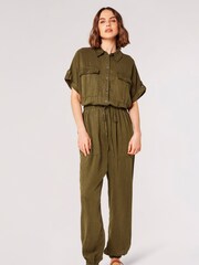 Apricot Olive Green Drawstring Waist Utility Jumpsuit - Image 1 of 4