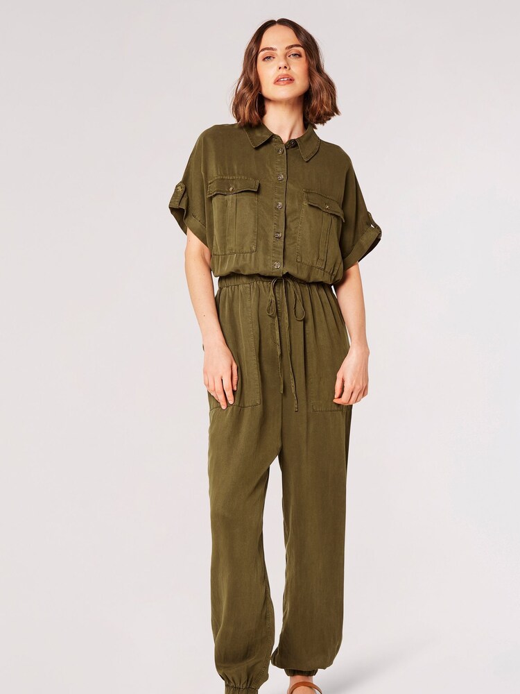 Apricot Olive Green Drawstring Waist Utility Jumpsuit - Image 1 of 4