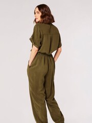 Apricot Olive Green Drawstring Waist Utility Jumpsuit - Image 2 of 4