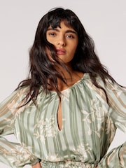 Apricot Green Silhouette Floral Satin Shimmer Maxi Dress - Image 2 of 4