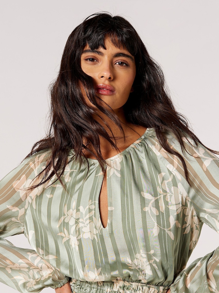 Apricot Green Silhouette Floral Satin Shimmer Maxi Dress - Image 2 of 4 Apricot Green Silhouette Floral Satin Shimmer Maxi Dress - Image 2 of 4
