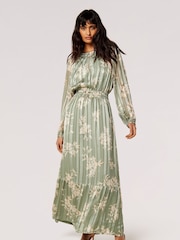 Apricot Green Silhouette Floral Satin Shimmer Maxi Dress - Image 4 of 4