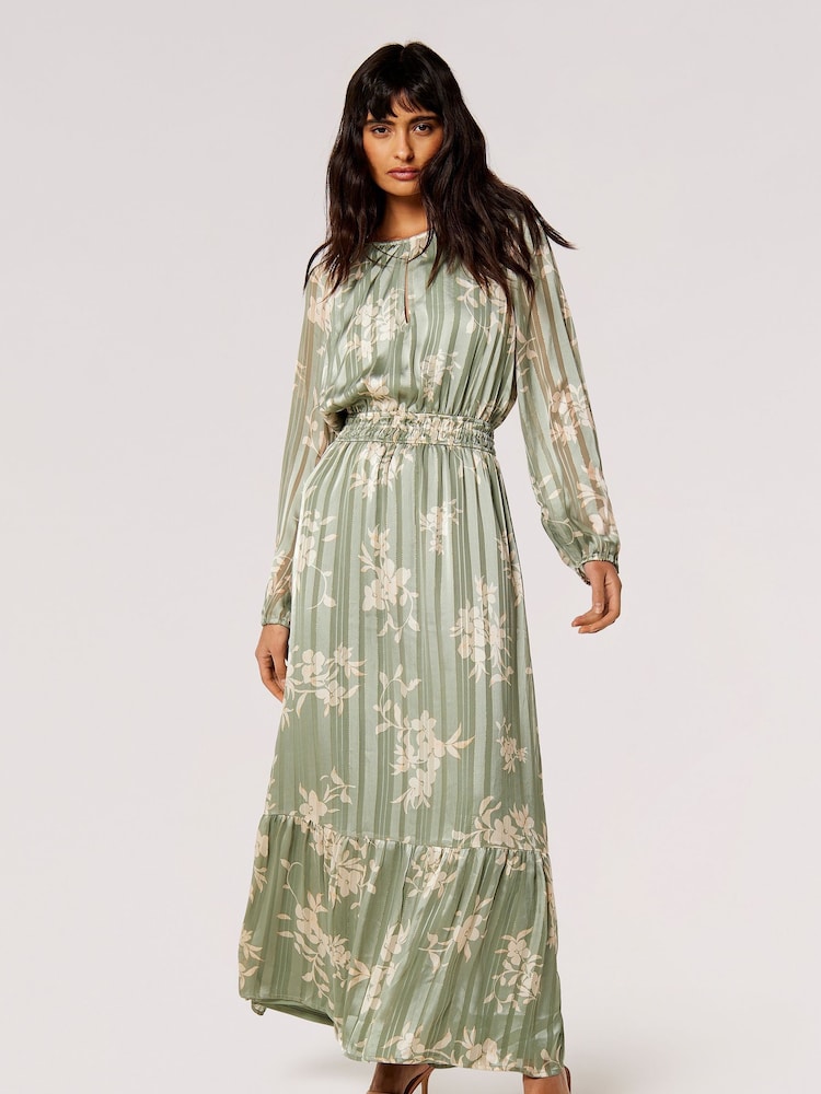 Apricot Green Silhouette Floral Satin Shimmer Maxi Dress - Image 4 of 4