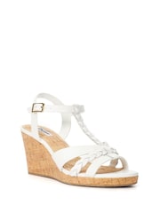 Dune London White Wide Fit Koali Plait T-Bar Wedge Sandals - Image 3 of 5