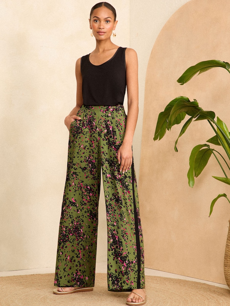 Love & Roses Khaki Green Animal Printed Belted Wide Leg Trousers - Image 1 of 4 Love & Roses Khaki Green Animal Printed Belted Wide Leg Trousers - Image 1 of 4