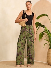 Love & Roses Khaki Green Animal Printed Belted Wide Leg Trousers - Image 3 of 4