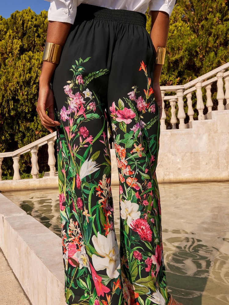 V&A | Love & Roses Black Floral Palazzo Wide Leg Trousers - Image 2 of 4