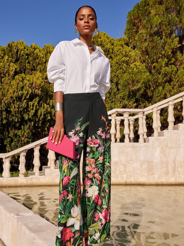 V&A | Love & Roses Black Floral Palazzo Wide Leg Trousers - Image 4 of 4
