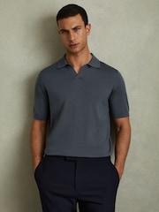 Reiss Steel Blue Duchie Merino Wool Open Collar Polo Shirt - Image 1 of 5