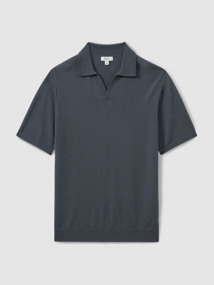 Reiss Steel Blue Duchie Merino Wool Open Collar Polo Shirt - Image 2 of 5