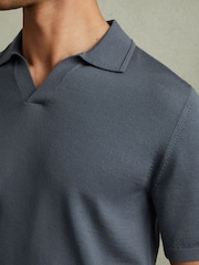 Reiss Steel Blue Duchie Merino Wool Open Collar Polo Shirt - Image 3 of 5
