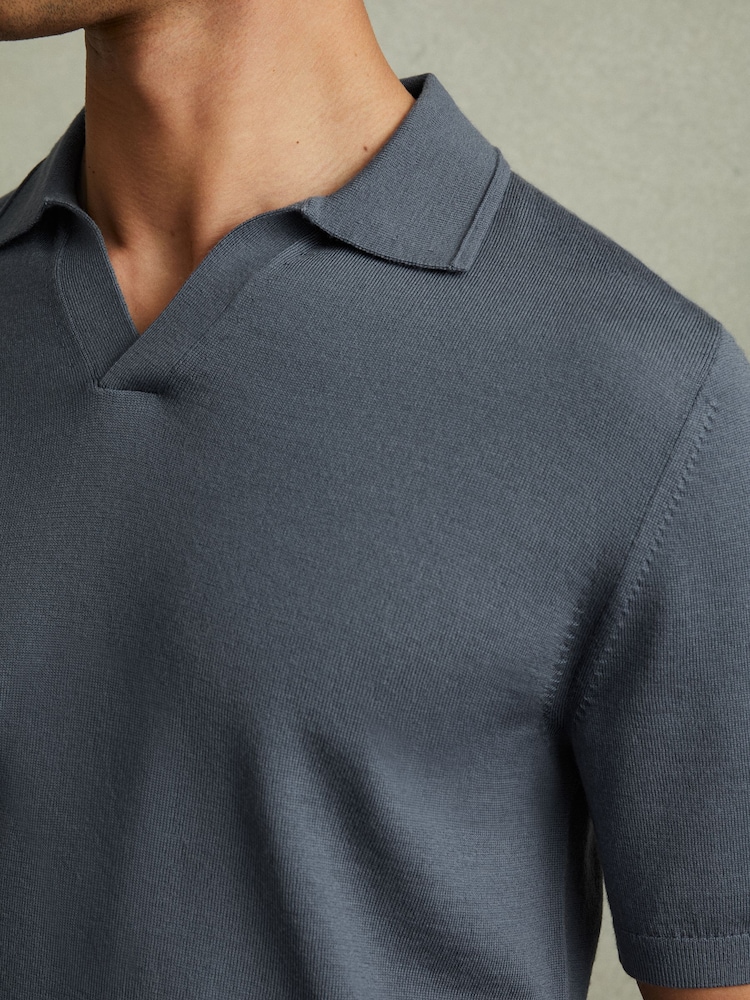 Reiss Steel Blue Duchie Merino Wool Open Collar Polo Shirt - Image 3 of 5