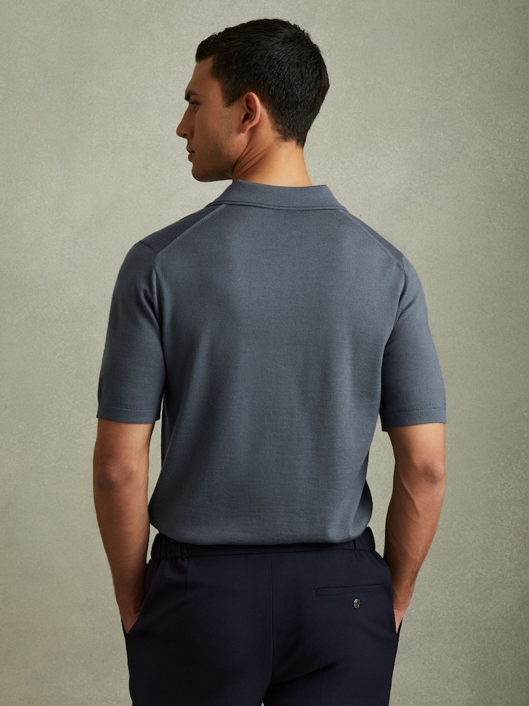 Reiss Steel Blue Duchie Merino Wool Open Collar Polo Shirt - Image 4 of 5