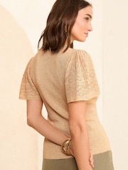 Love & Roses Camel Pointelle Short Sleeve Metallic V Neck Knitted Top - Image 4 of 4