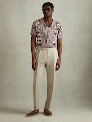 Reiss Tobacco Prentice Geometric Print Cuban Collar Shirt - Image 1 of 6
