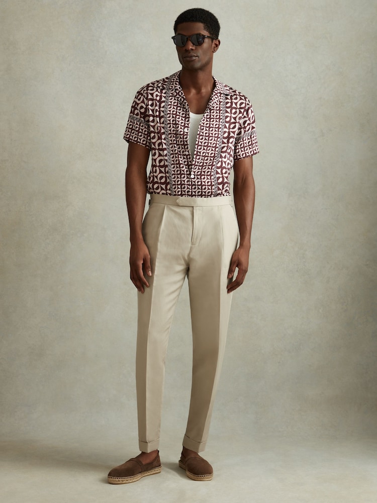 Reiss Tobacco Prentice Geometric Print Cuban Collar Shirt - Image 1 of 6