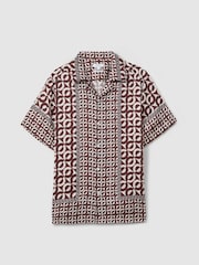 Reiss Tobacco Prentice Geometric Print Cuban Collar Shirt - Image 2 of 6