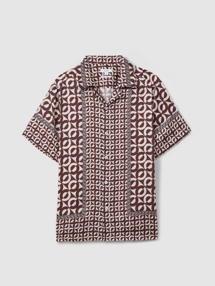 Reiss Tobacco Prentice Geometric Print Cuban Collar Shirt - Image 2 of 6 Reiss Tobacco Prentice Geometric Print Cuban Collar Shirt - Image 2 of 6