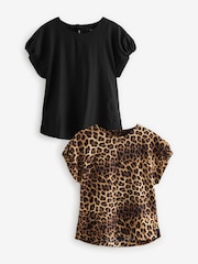 Brown Leopard Print and Black Gathered Short Sleeve Textured Boxy T-Shirts 2 Pack - Image 1 of 8