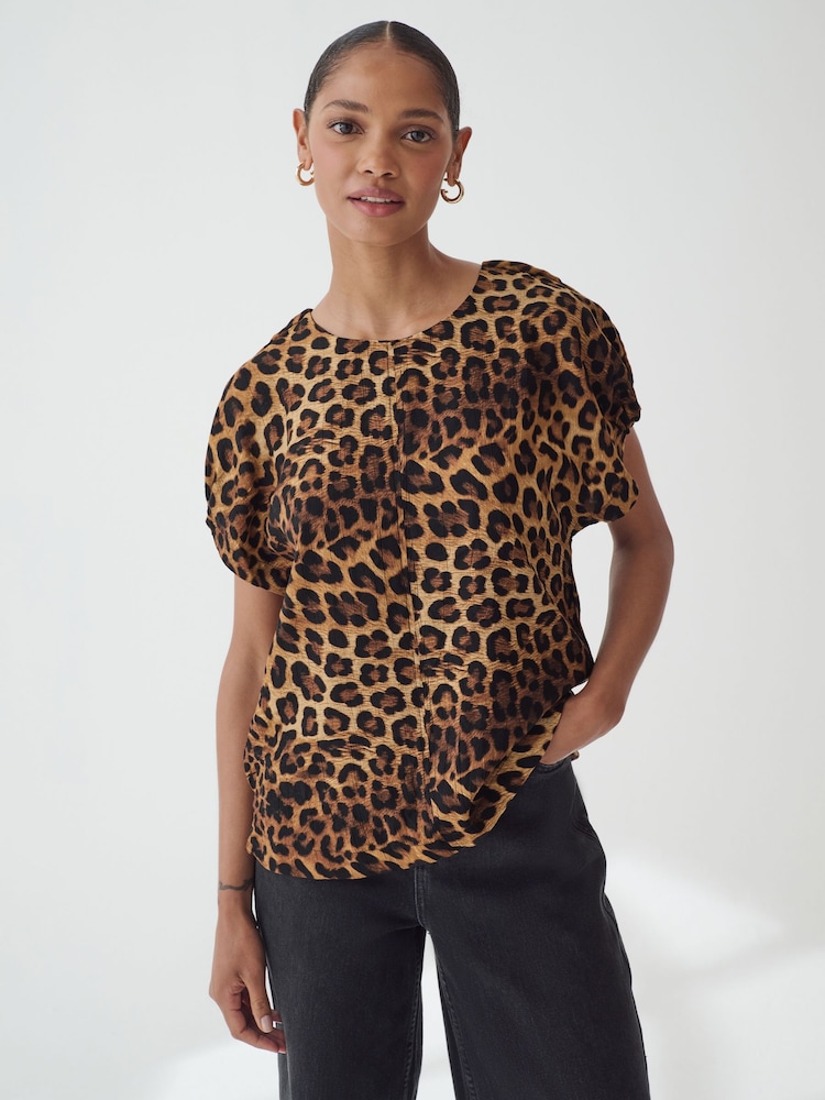 Brown Leopard Print and Black Gathered Short Sleeve Textured Boxy T-Shirts 2 Pack - Image 2 of 8