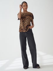 Brown Leopard Print and Black Gathered Short Sleeve Textured Boxy T-Shirts 2 Pack - Image 3 of 8