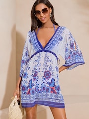 Lipsy Blue White Printed V Neck Cover Up Kaftan - Image 1 of 4