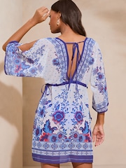 Lipsy Blue White Printed V Neck Cover Up Kaftan - Image 2 of 4