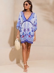 Lipsy Blue White Printed V Neck Cover Up Kaftan - Image 3 of 4