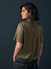 Khaki Green Satin Crinkle Textured T-Shirt - Image 3 of 7