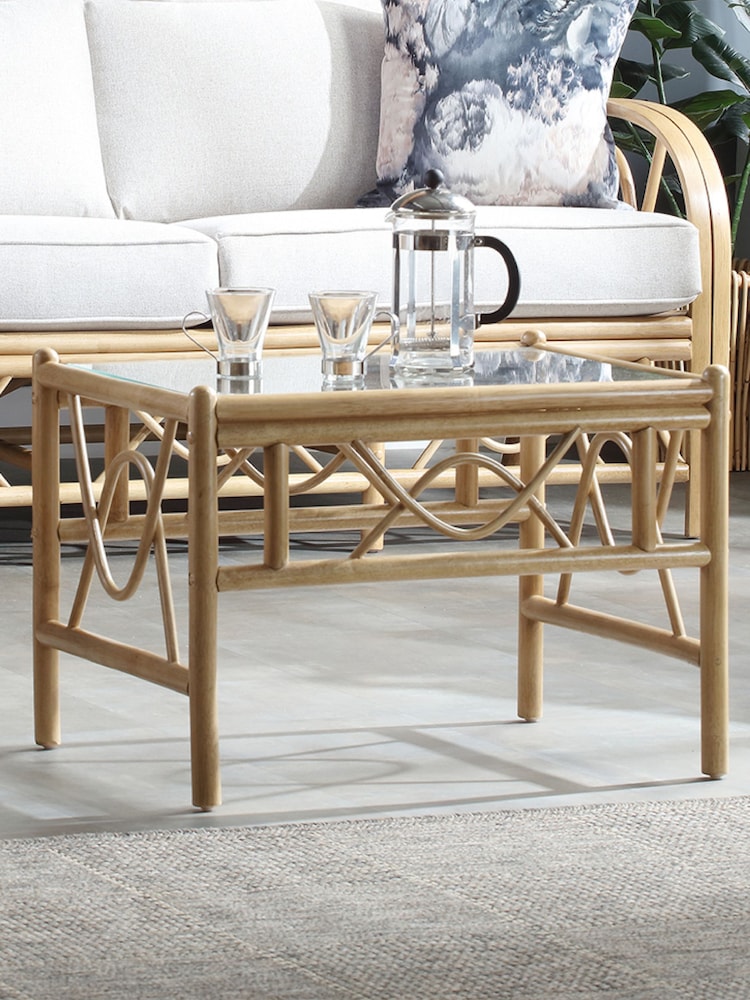 Desser Light Oak Bali Rattan Conservatory Glass Top Coffe Table - Image 1 of 4